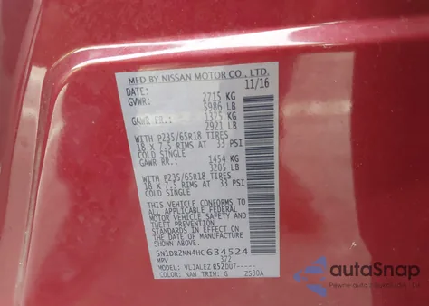 2017 Nissan Pathfinder Sv z USA, uszkodzony, nr VIN 5N1DR2MN4HC634524